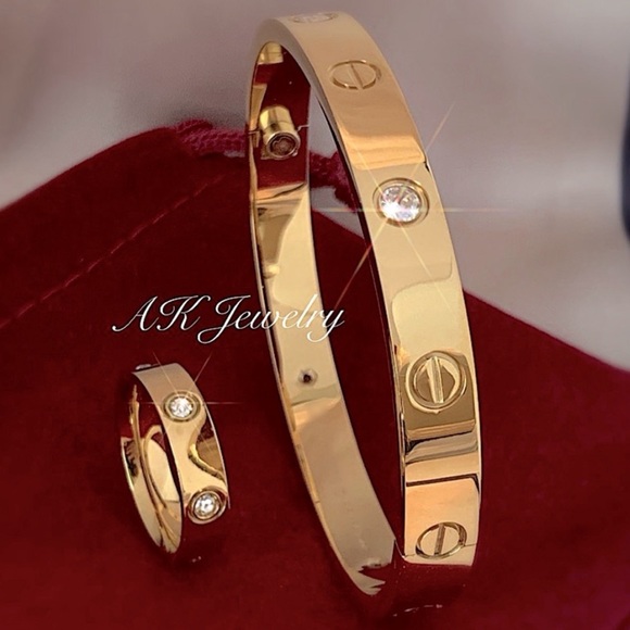Jewelry - 💎18k 2 PC Luxury Ring & Bangle Screw diamond design, Cuff, Bracelet
